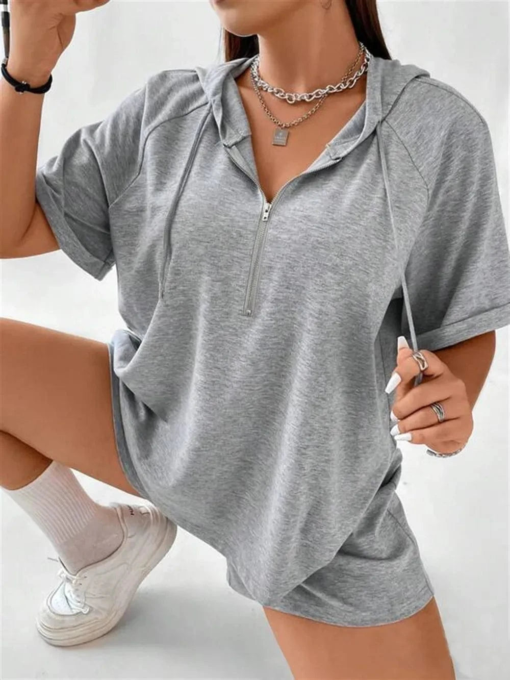 Full Size Drawstring Half Zip Hooded Top and Shorts Set Plus Size - ShalayeFashion