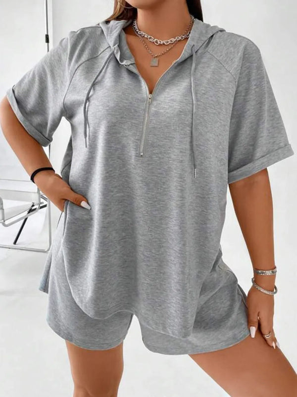 Full Size Drawstring Half Zip Hooded Top and Shorts Set Plus Size - ShalayeFashion