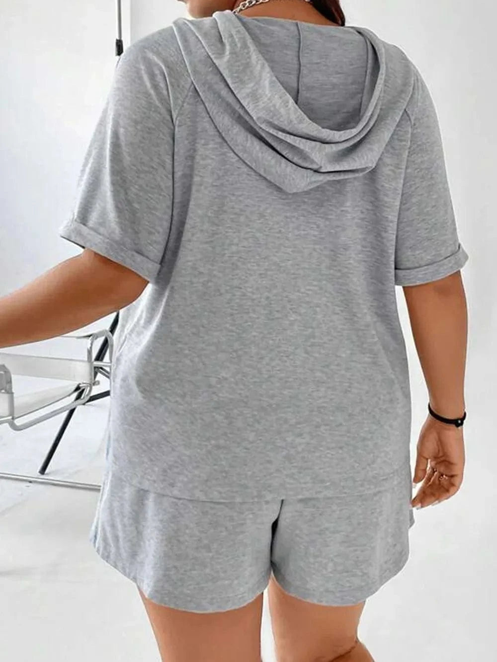 Full Size Drawstring Half Zip Hooded Top and Shorts Set Plus Size - ShalayeFashion