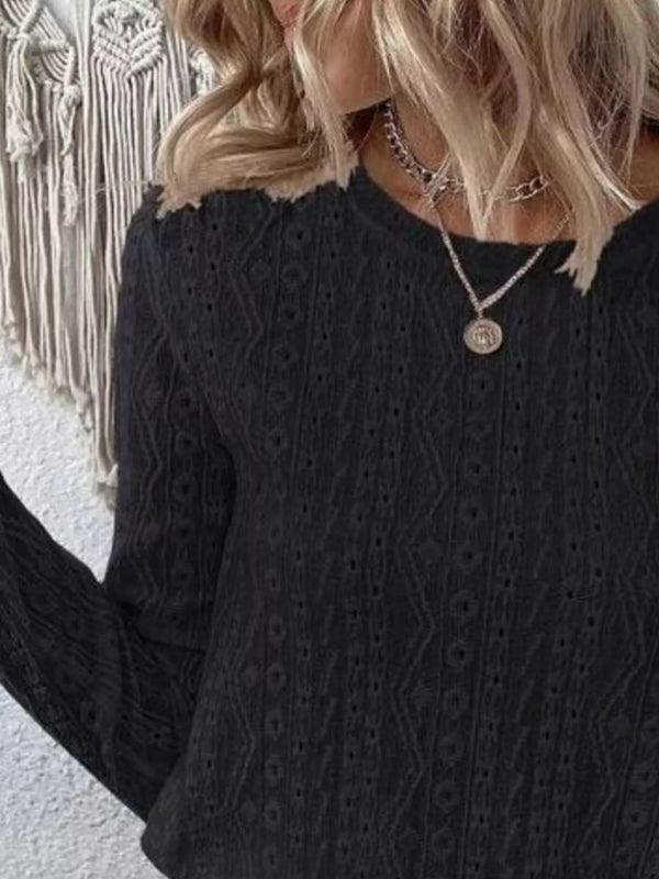 Full Size Eyelet Round Neck Long Sleeve Blouse Plus Size - ShalayeFashion