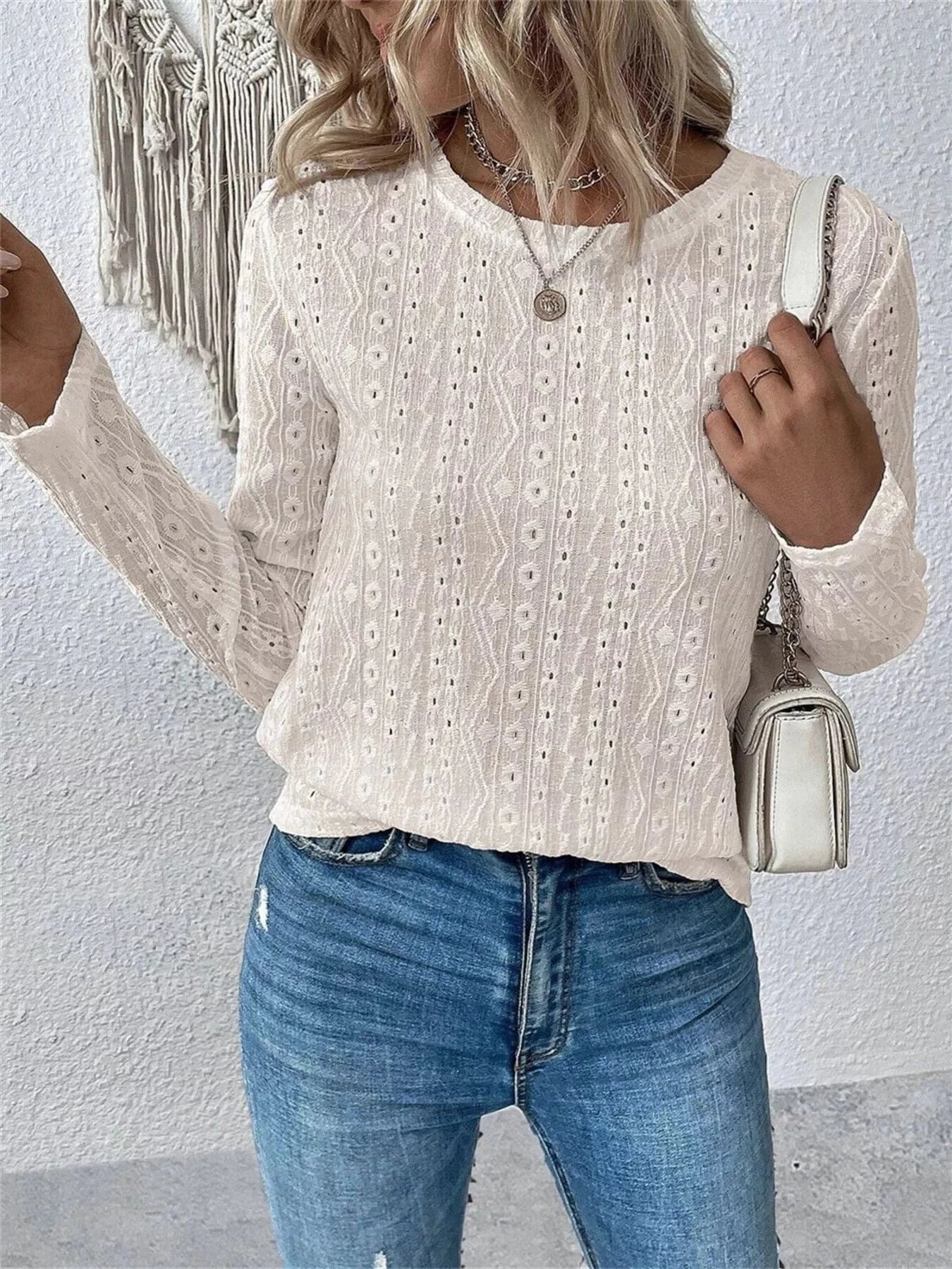 Full Size Eyelet Round Neck Long Sleeve Blouse Plus Size - ShalayeFashion
