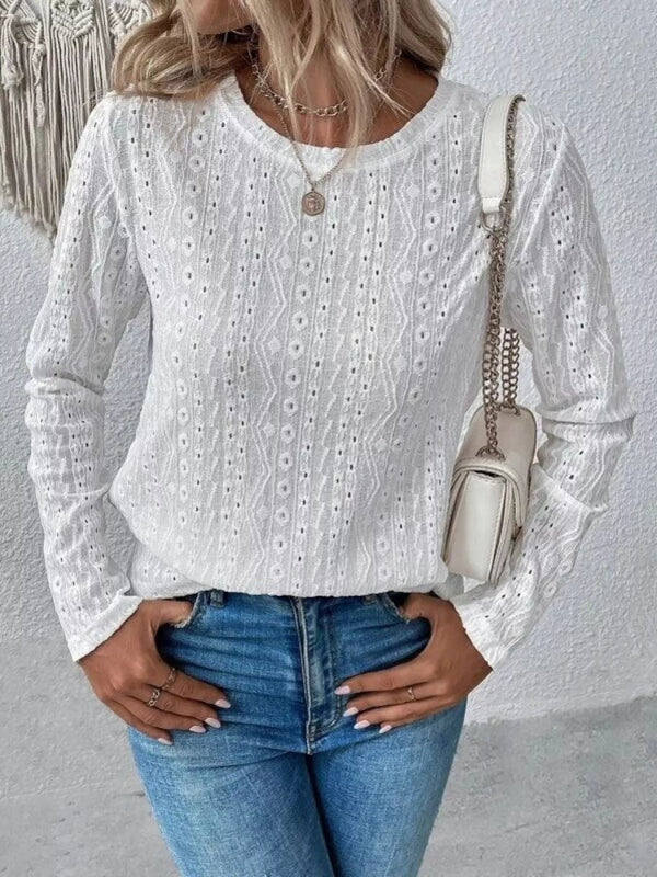 Full Size Eyelet Round Neck Long Sleeve Blouse Plus Size - ShalayeFashion