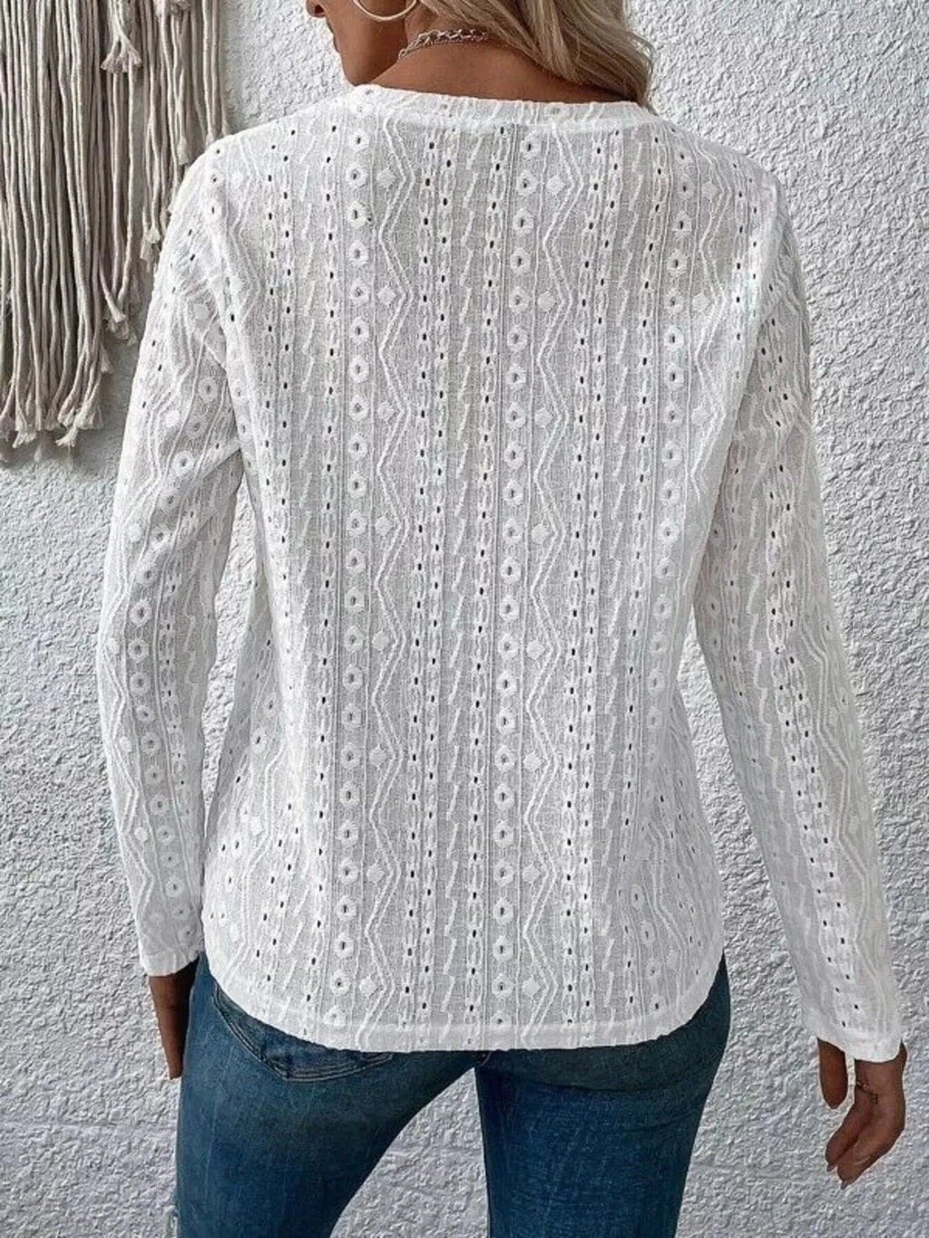 Full Size Eyelet Round Neck Long Sleeve Blouse Plus Size - ShalayeFashion