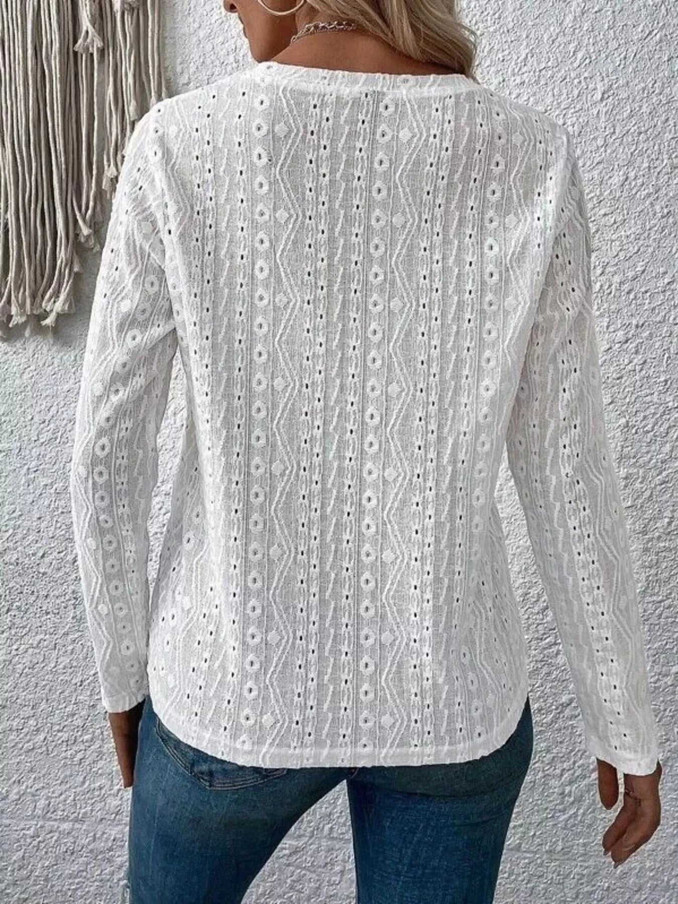 Full Size Eyelet Round Neck Long Sleeve Blouse Plus Size - ShalayeFashion