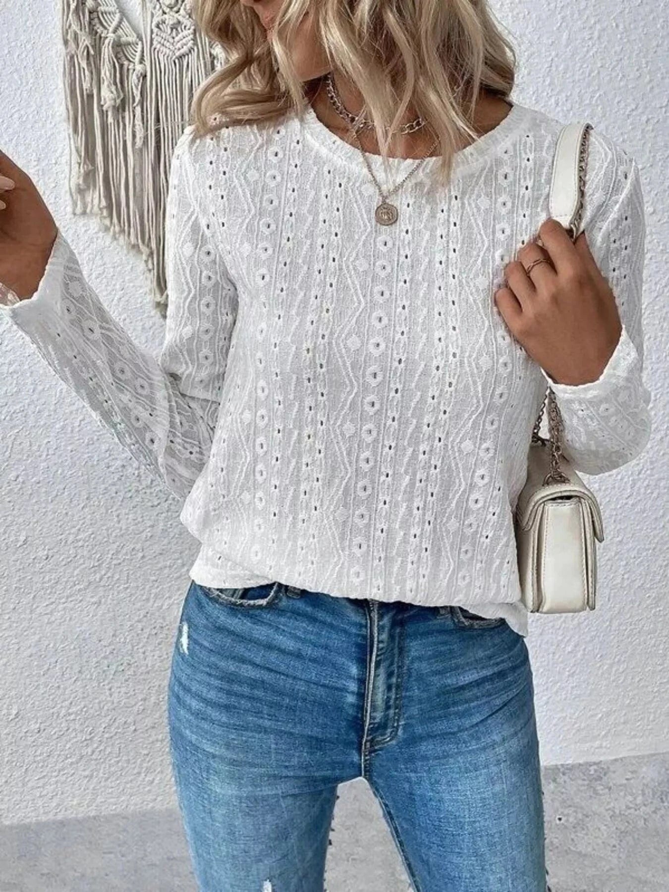 Full Size Eyelet Round Neck Long Sleeve Blouse Plus Size - ShalayeFashion