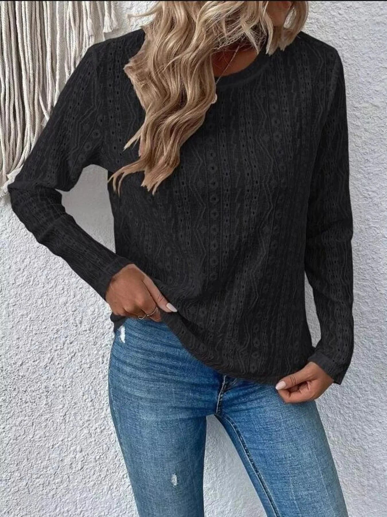 Full Size Eyelet Round Neck Long Sleeve Blouse Plus Size - ShalayeFashion