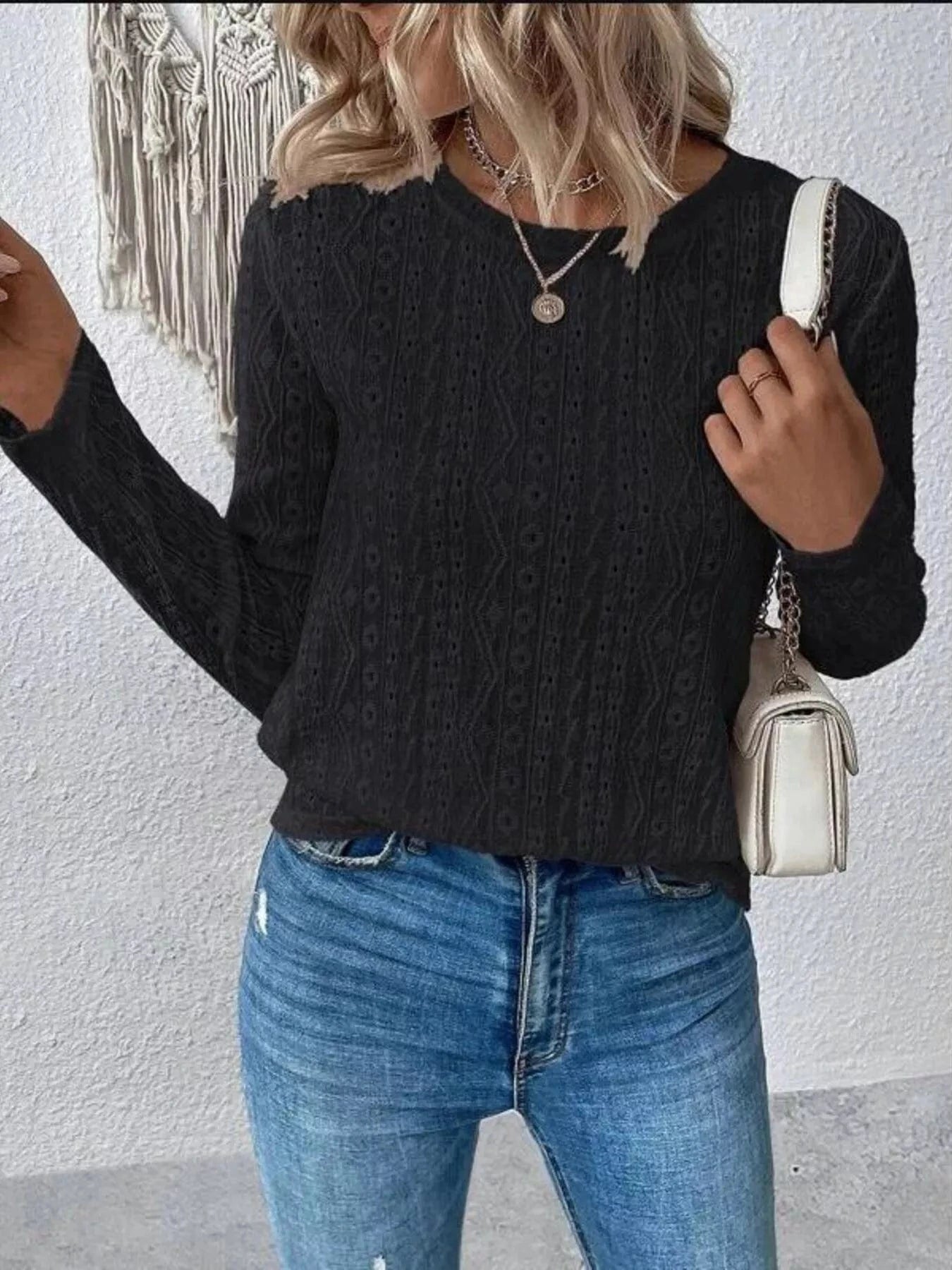 Full Size Eyelet Round Neck Long Sleeve Blouse Plus Size - ShalayeFashion