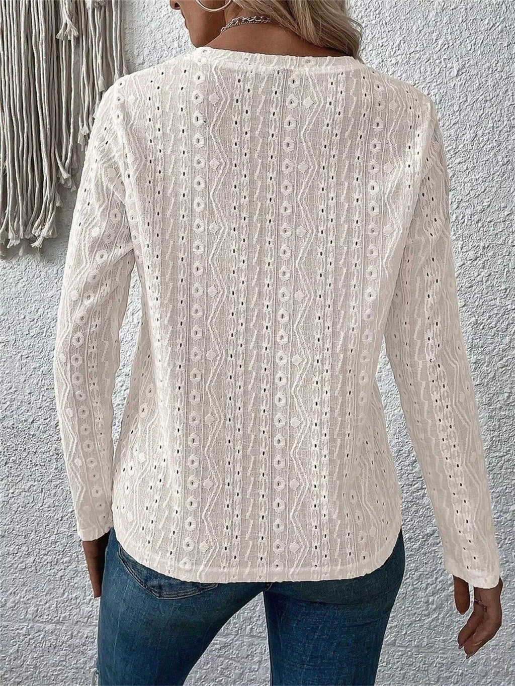 Full Size Eyelet Round Neck Long Sleeve Blouse Plus Size - ShalayeFashion