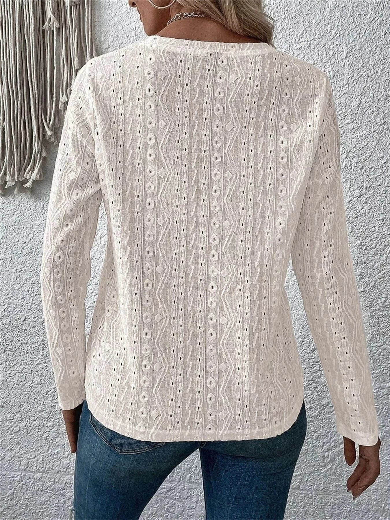 Full Size Eyelet Round Neck Long Sleeve Blouse Plus Size - ShalayeFashion