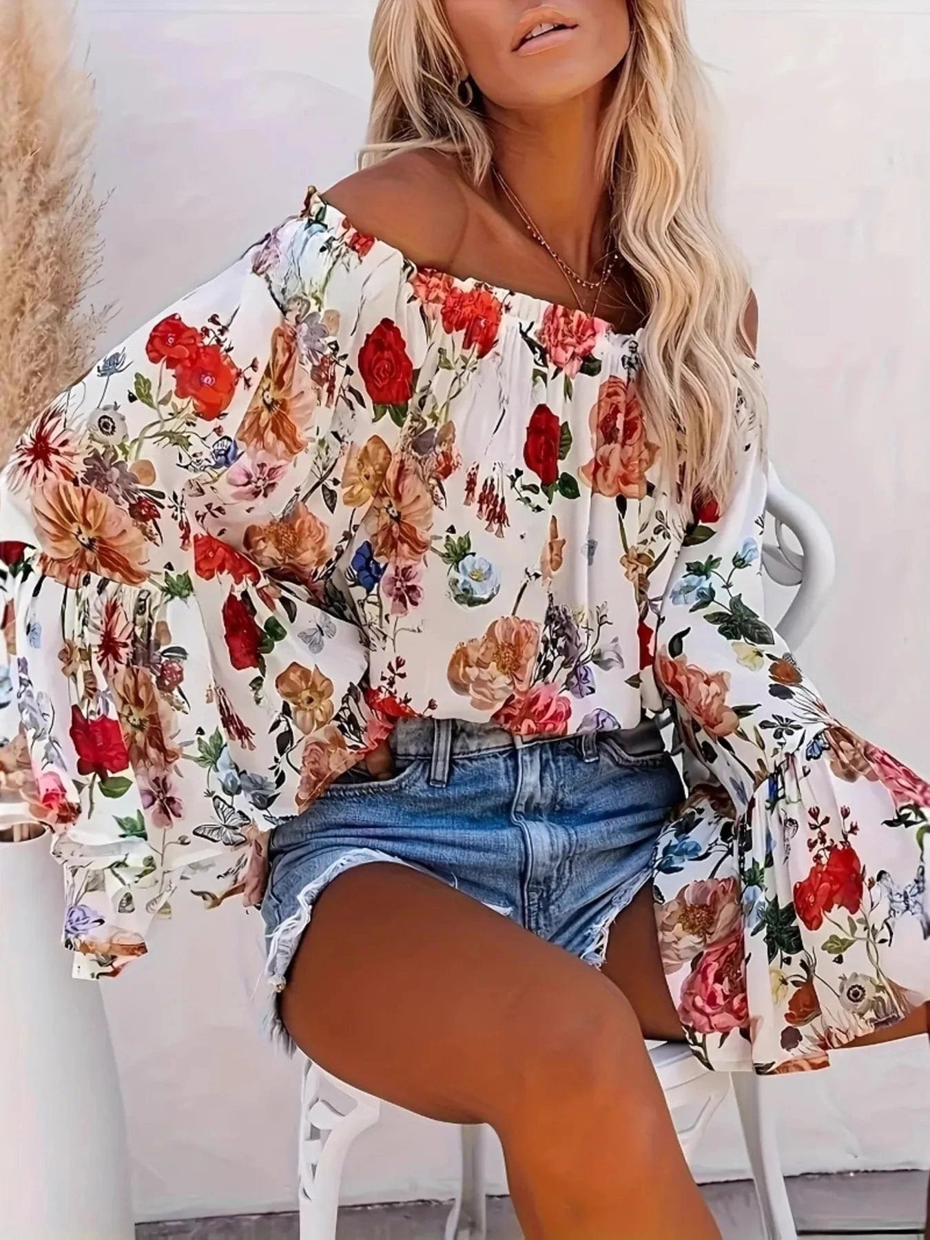 Full Size Floral Off - Shoulder Bell Sleeve Blouse Plus Size - ShalayeFashion