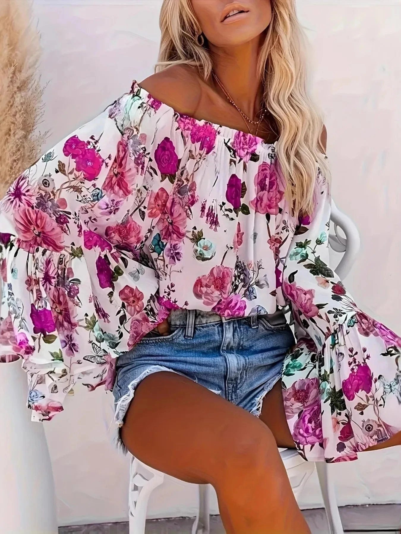 Full Size Floral Off - Shoulder Bell Sleeve Blouse Plus Size - ShalayeFashion