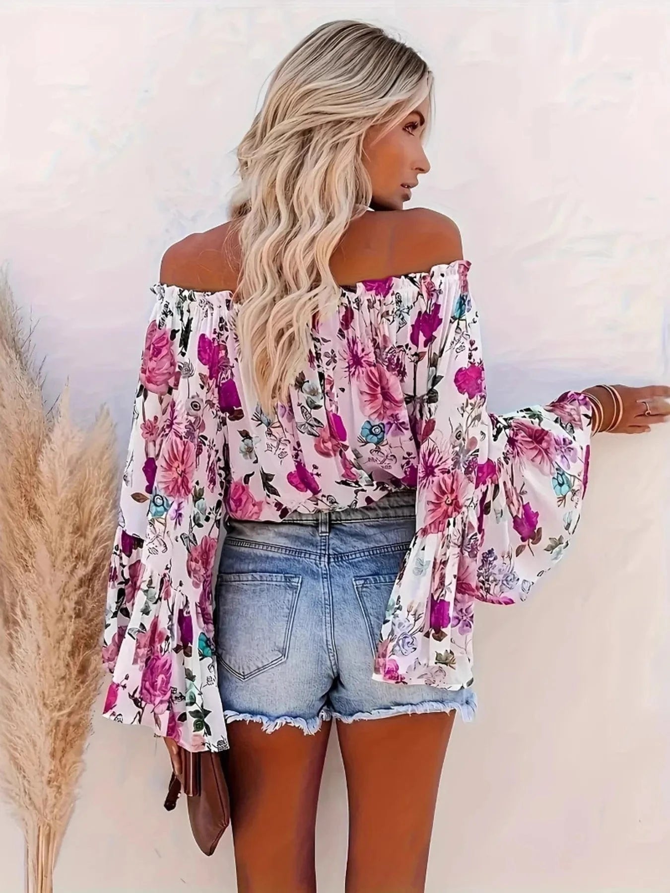 Full Size Floral Off - Shoulder Bell Sleeve Blouse Plus Size - ShalayeFashion