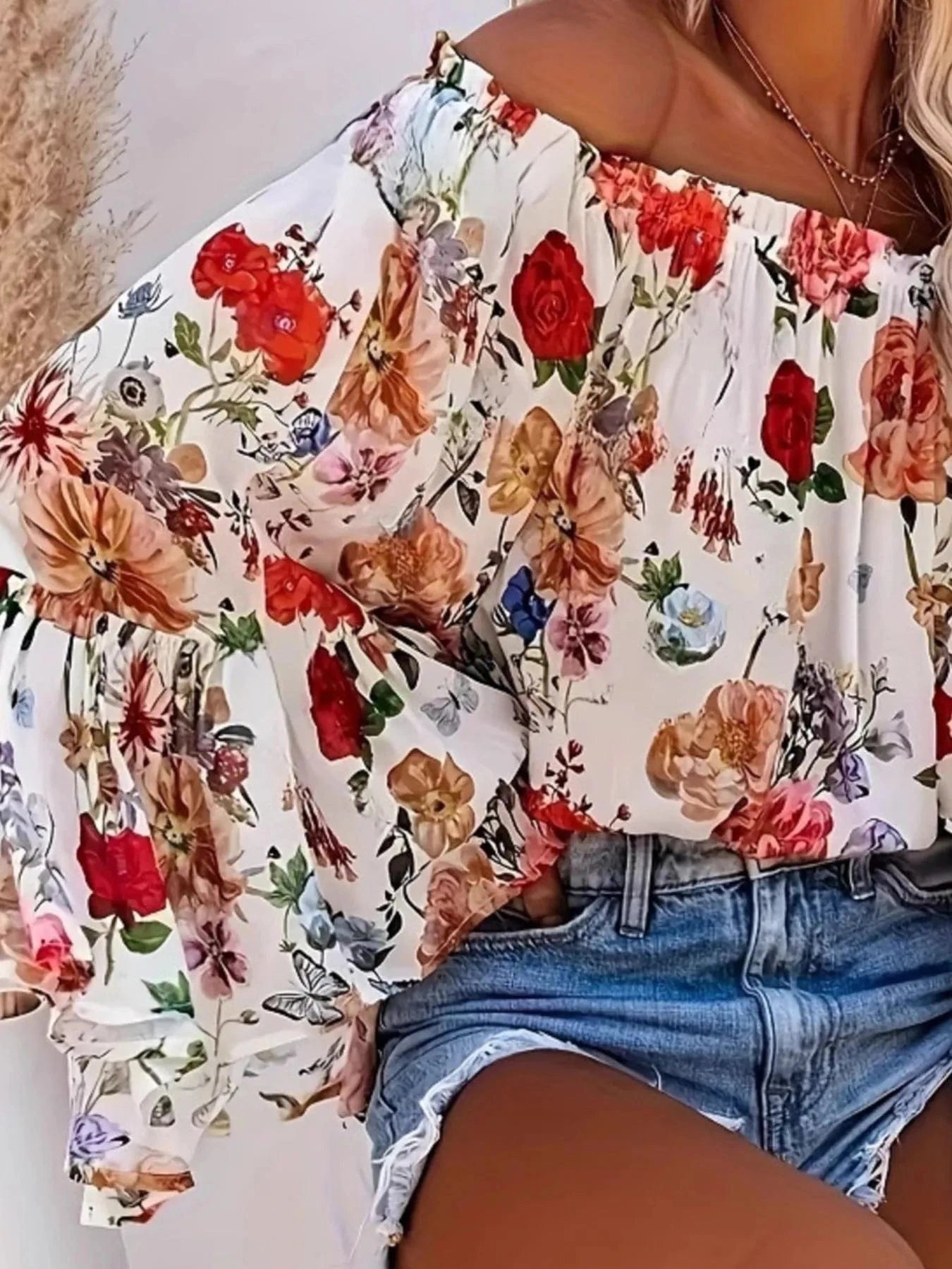 Full Size Floral Off - Shoulder Bell Sleeve Blouse Plus Size - ShalayeFashion