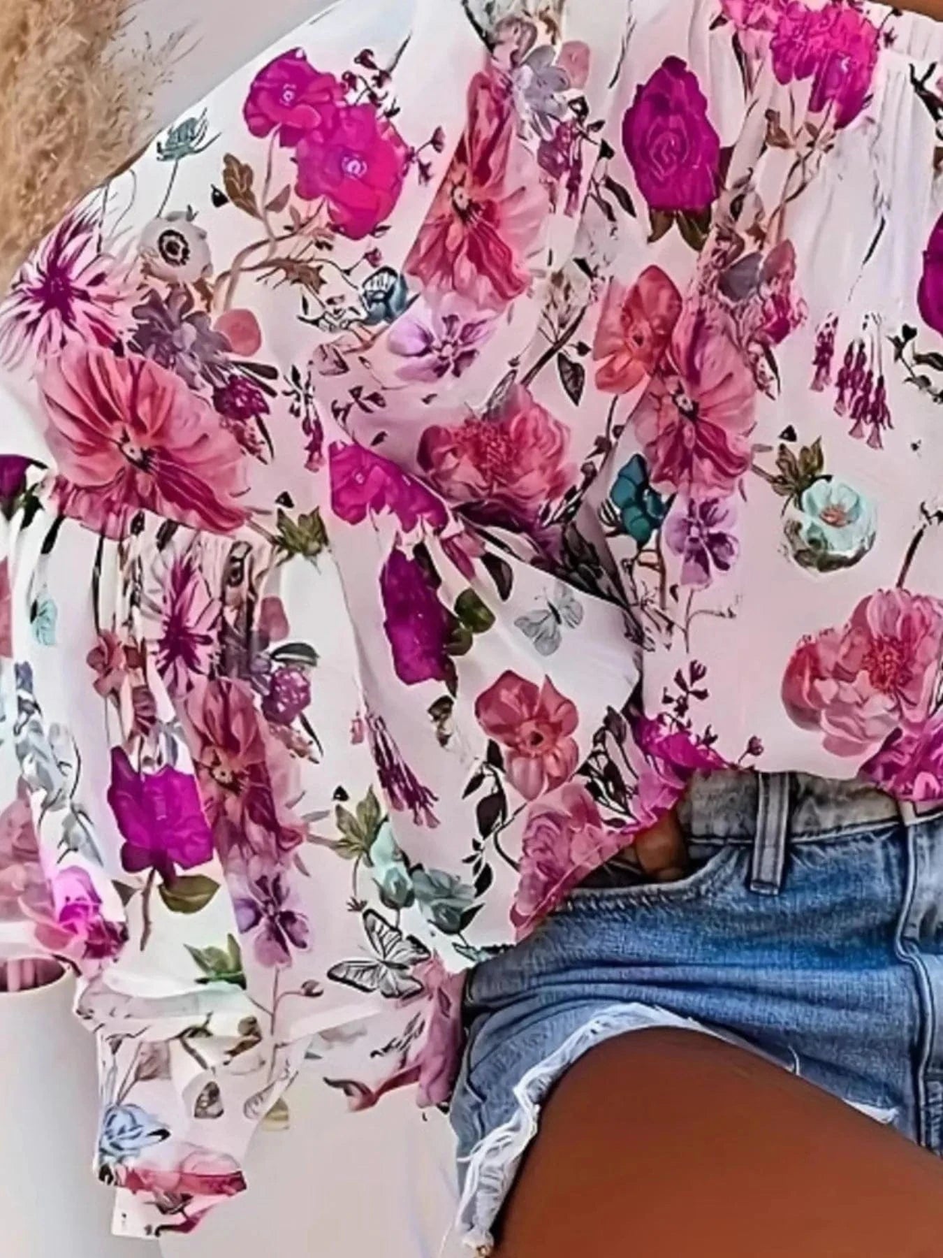 Full Size Floral Off - Shoulder Bell Sleeve Blouse Plus Size - ShalayeFashion