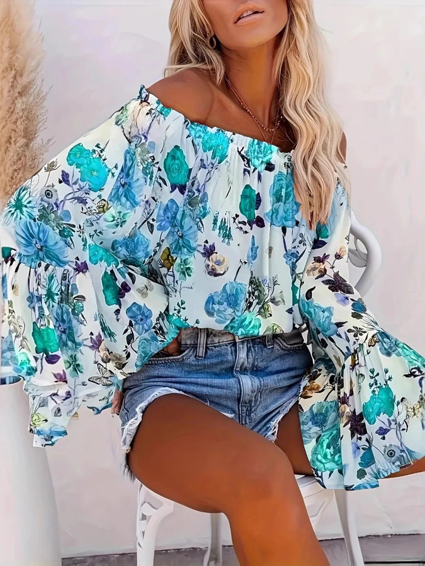 Full Size Floral Off - Shoulder Bell Sleeve Blouse Plus Size - ShalayeFashion