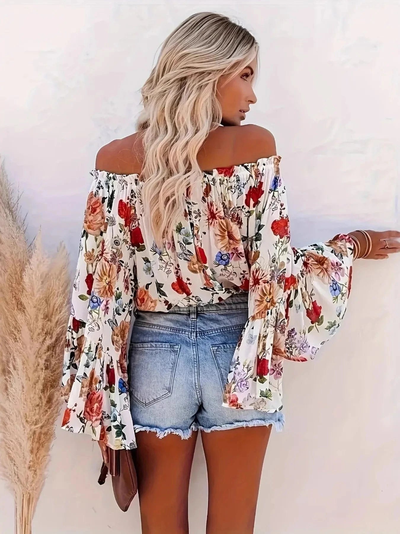 Full Size Floral Off - Shoulder Bell Sleeve Blouse Plus Size - ShalayeFashion