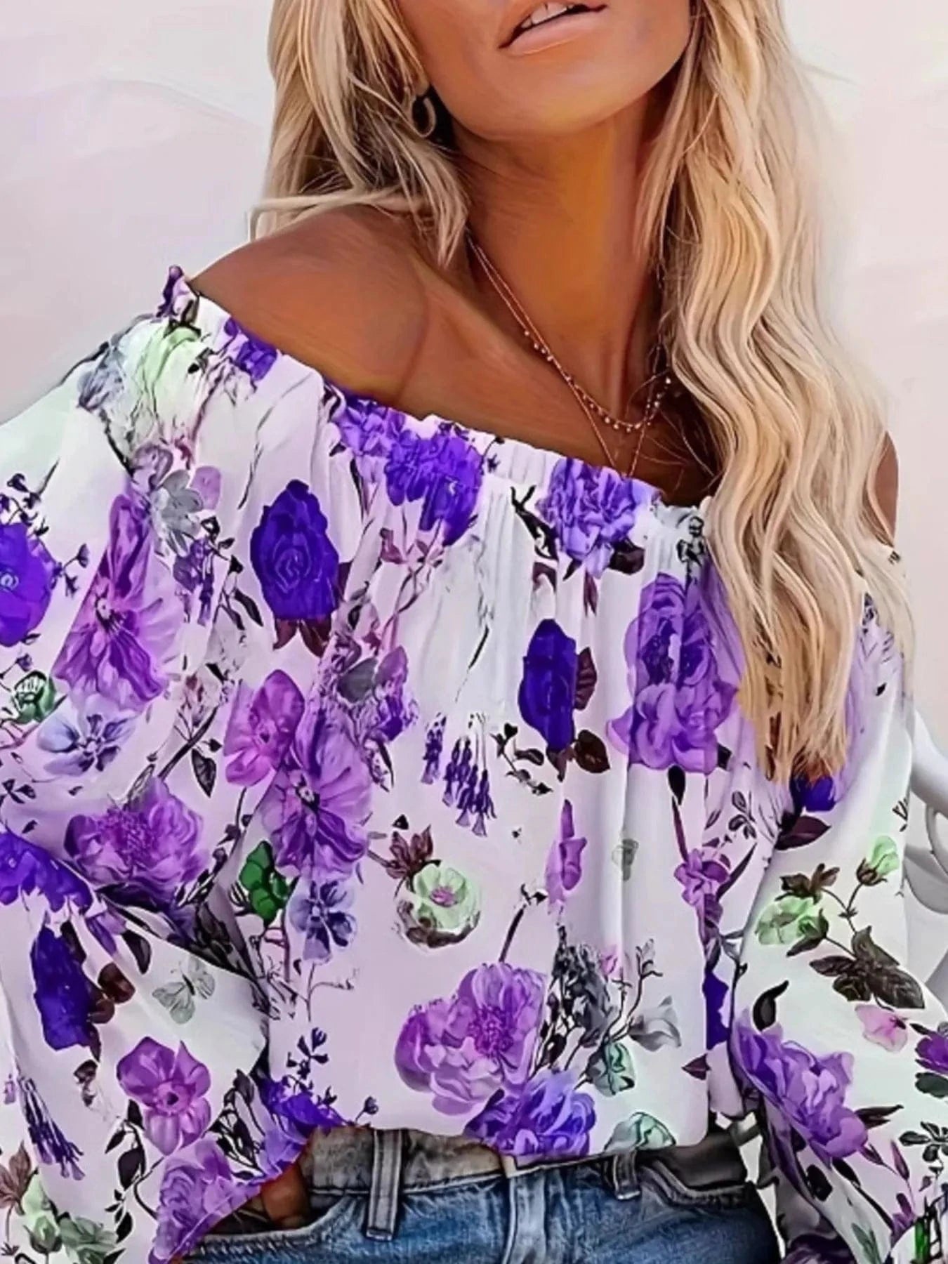 Full Size Floral Off - Shoulder Bell Sleeve Blouse Plus Size - ShalayeFashion