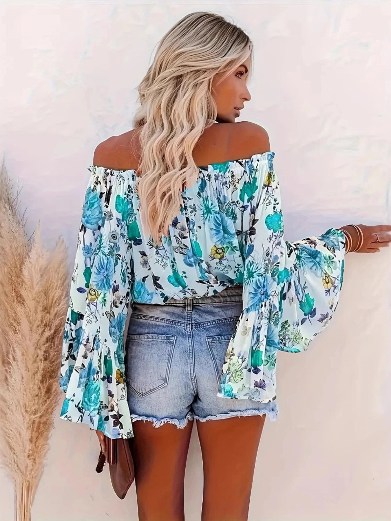 Full Size Floral Off - Shoulder Bell Sleeve Blouse Plus Size - ShalayeFashion