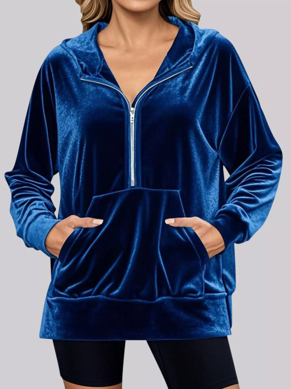 Full Size Half Zip Kangaroo Pocket Hoodie Plus Size - ShalayeFashion