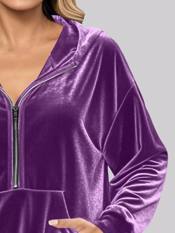 Full Size Half Zip Kangaroo Pocket Hoodie Plus Size - ShalayeFashion