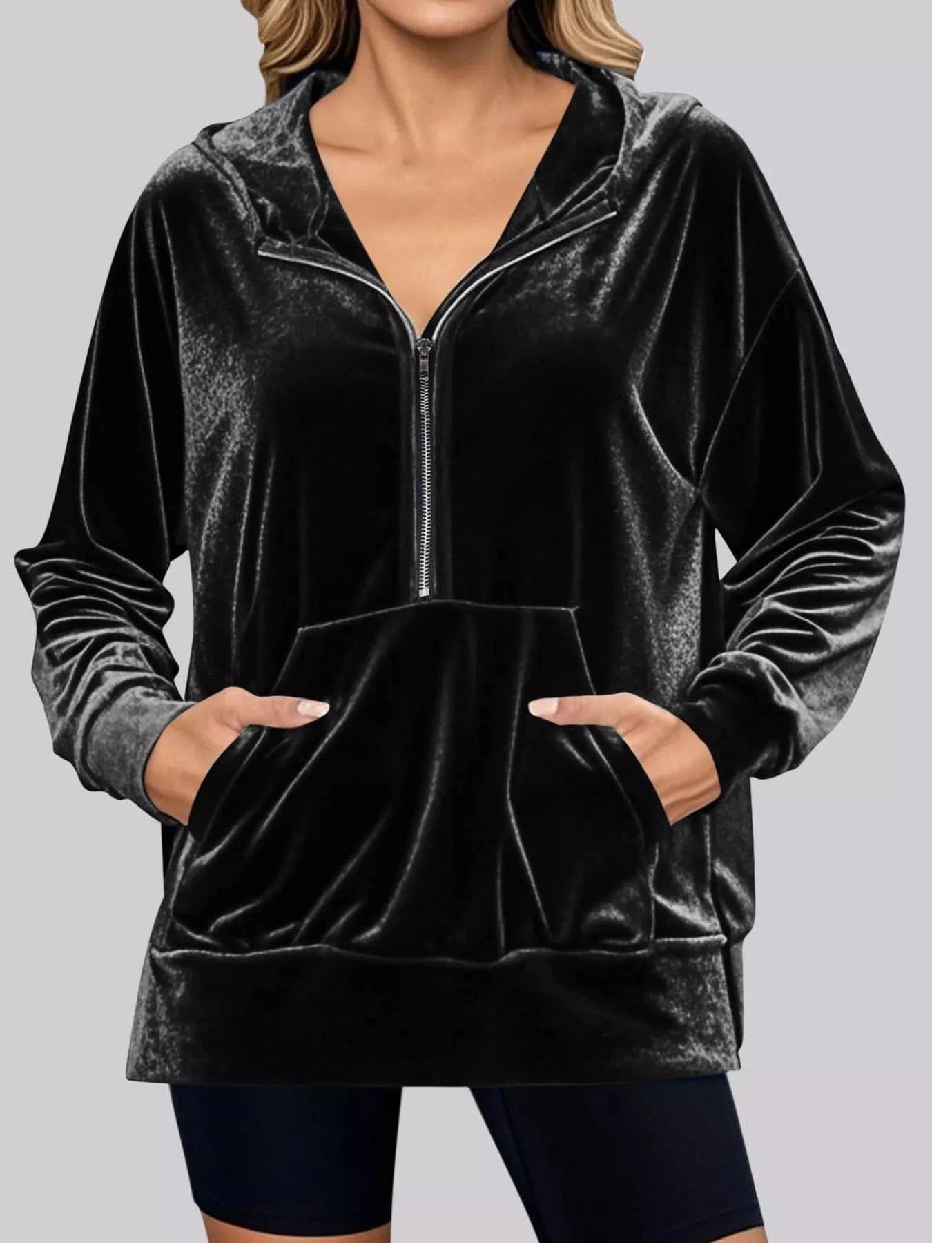Full Size Half Zip Kangaroo Pocket Hoodie Plus Size - ShalayeFashion