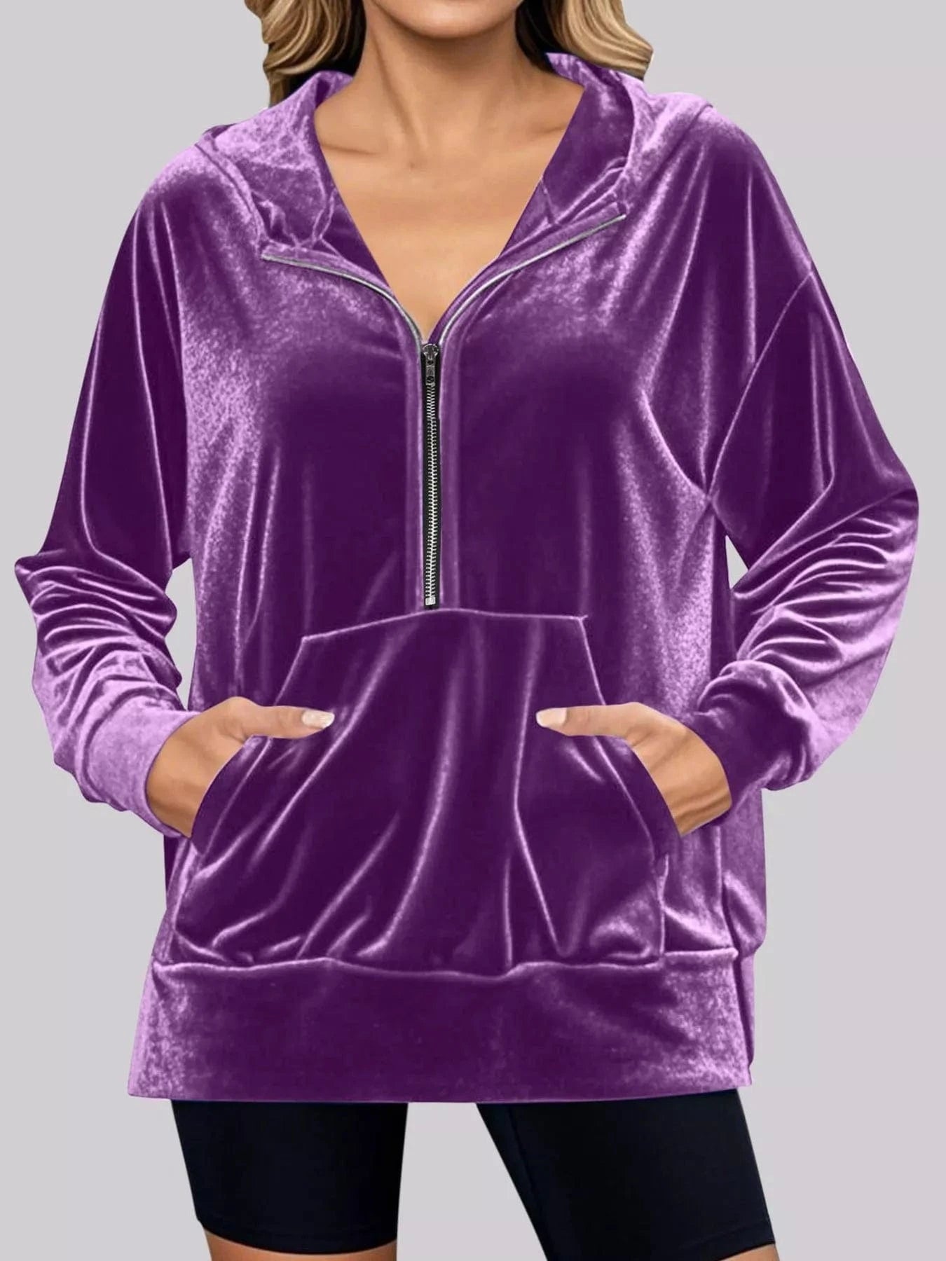 Full Size Half Zip Kangaroo Pocket Hoodie Plus Size - ShalayeFashion