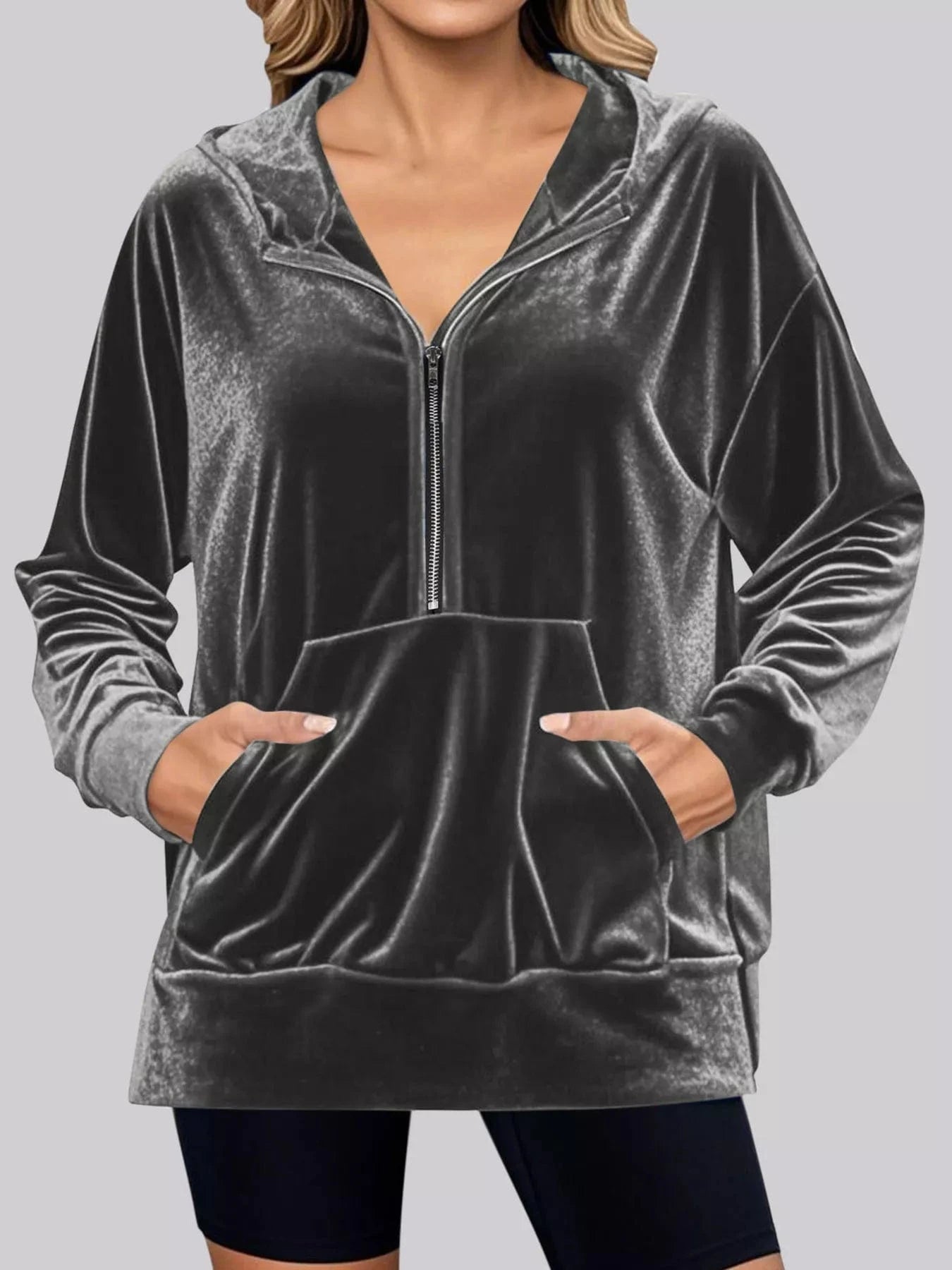 Full Size Half Zip Kangaroo Pocket Hoodie Plus Size - ShalayeFashion