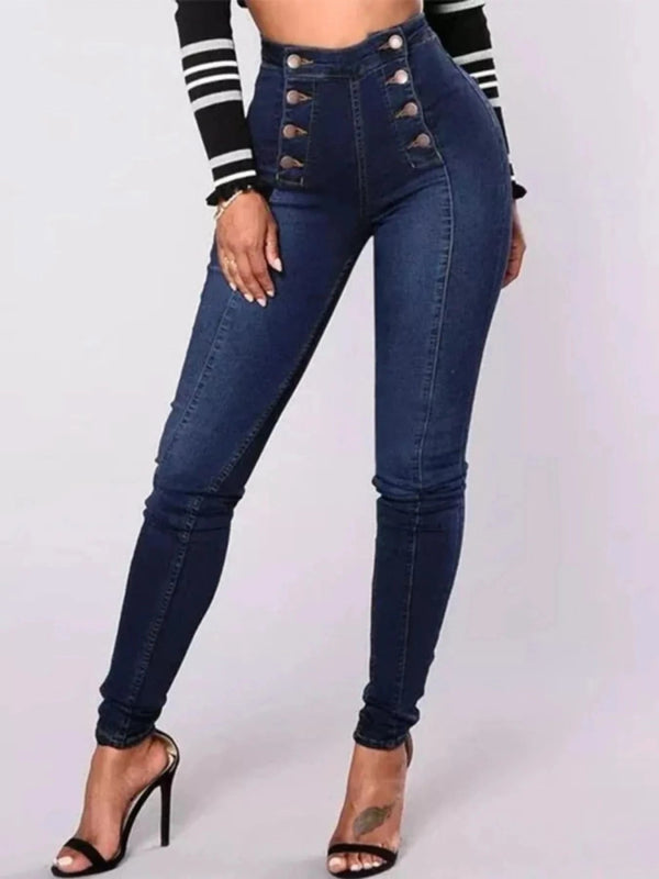 Full Size High - Waisted Double - Breasted Skinny Jeans Plus Size - ShalayeFashion