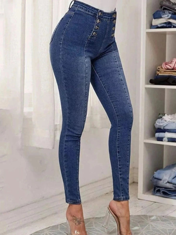 Full Size High - Waisted Double - Breasted Skinny Jeans Plus Size - ShalayeFashion