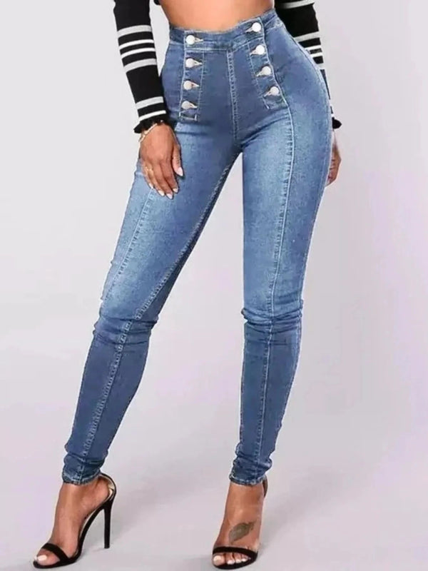 Full Size High - Waisted Double - Breasted Skinny Jeans Plus Size - ShalayeFashion
