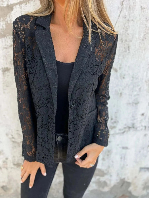 Full Size Lace Open - Front Blazer Plus Size - ShalayeFashion
