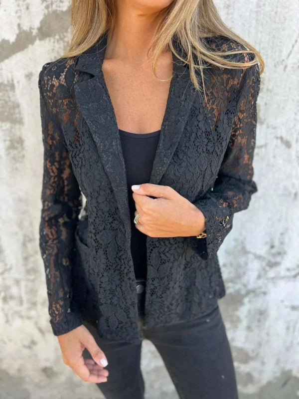 Full Size Lace Open - Front Blazer Plus Size - ShalayeFashion