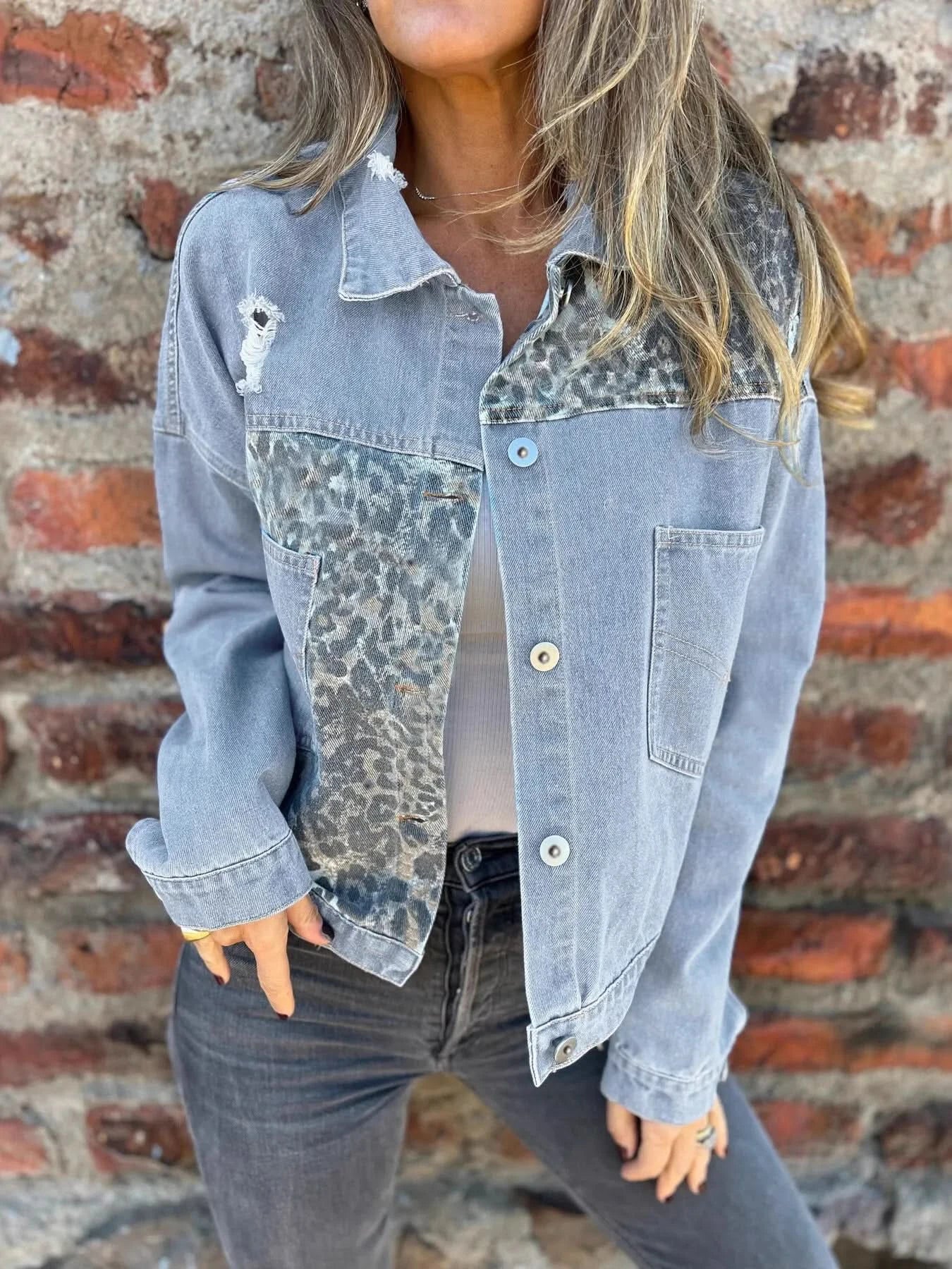 Full Size Leopard Button Up Denim Jacket Plus Size - ShalayeFashion