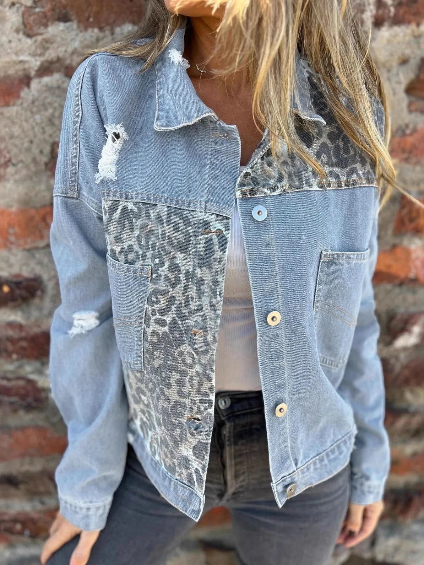 Full Size Leopard Button Up Denim Jacket Plus Size - ShalayeFashion