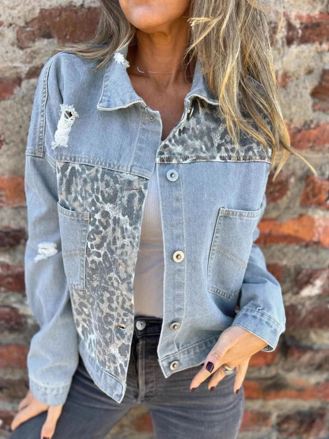 Full Size Leopard Button Up Denim Jacket Plus Size - ShalayeFashion