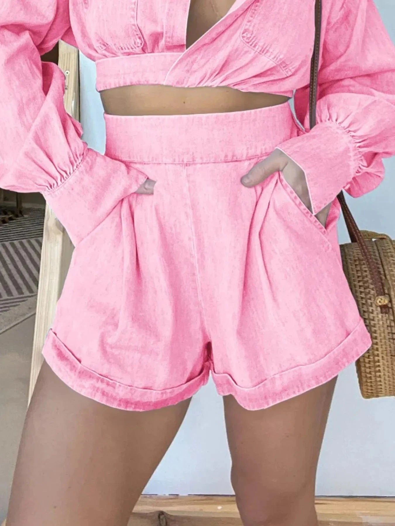 Full Size Long Sleeve Top and Shorts Denim Set Plus Size - ShalayeFashion