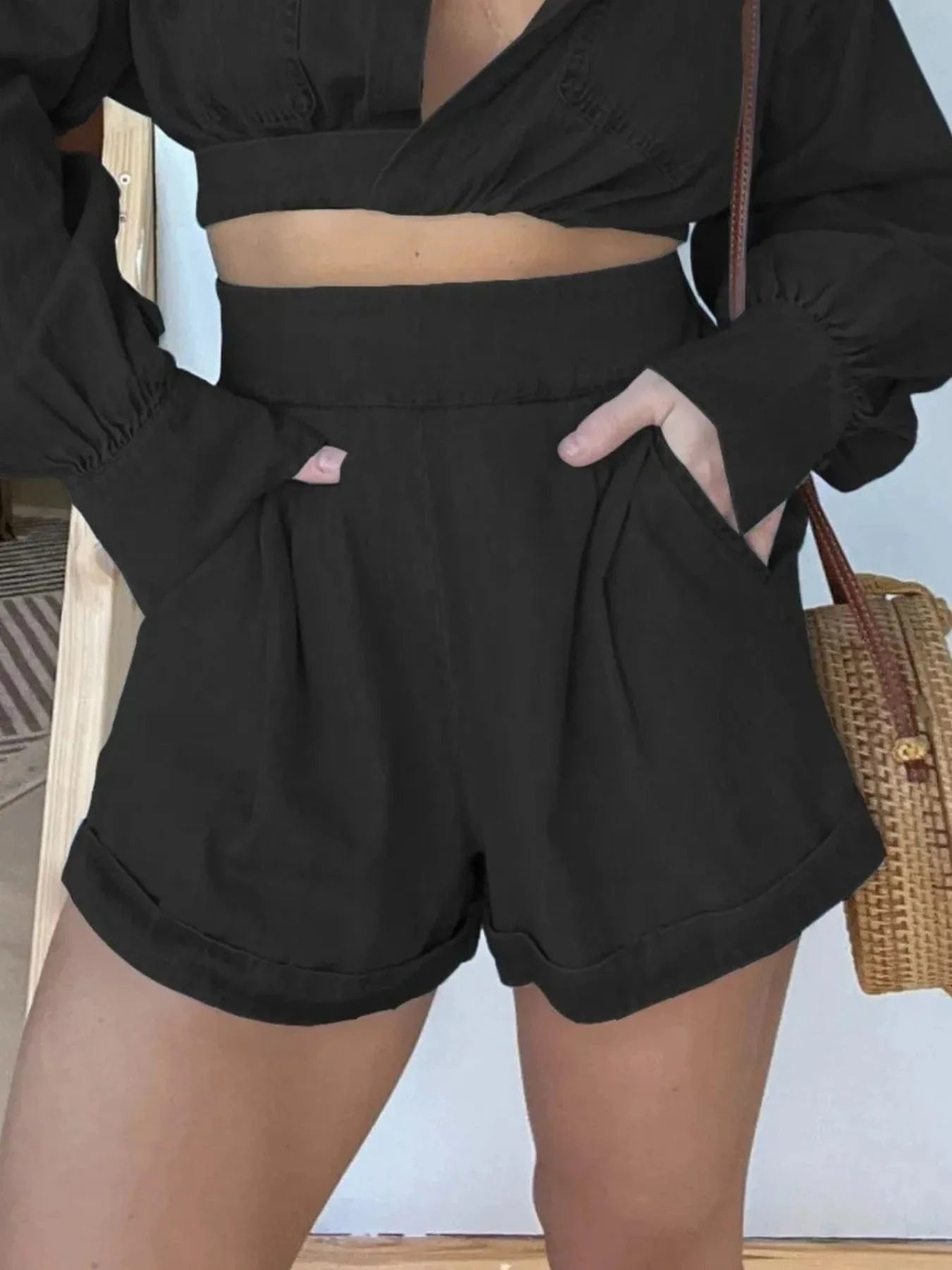 Full Size Long Sleeve Top and Shorts Denim Set Plus Size - ShalayeFashion