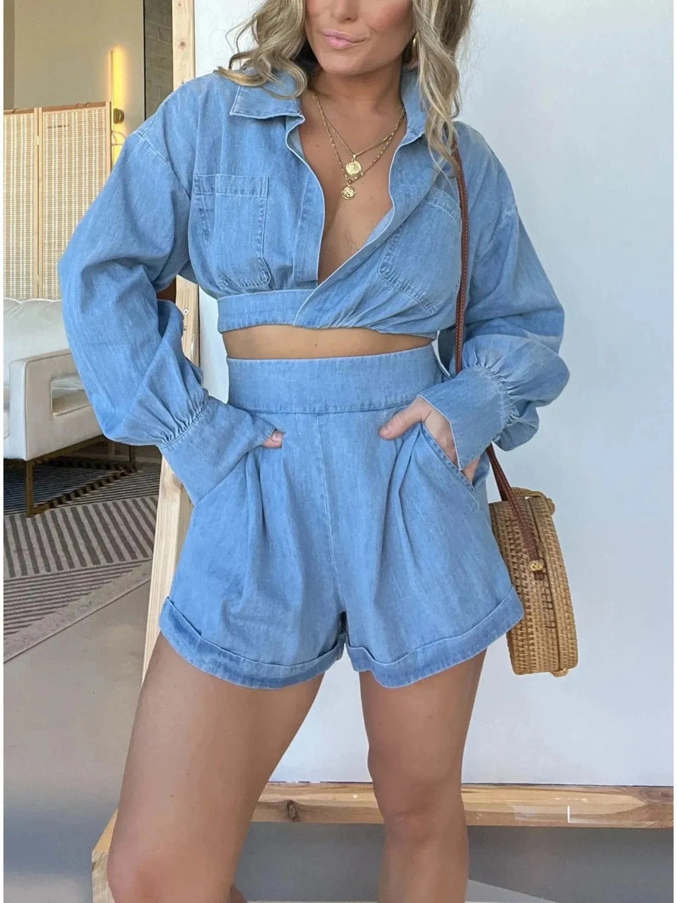 Full Size Long Sleeve Top and Shorts Denim Set Plus Size - ShalayeFashion