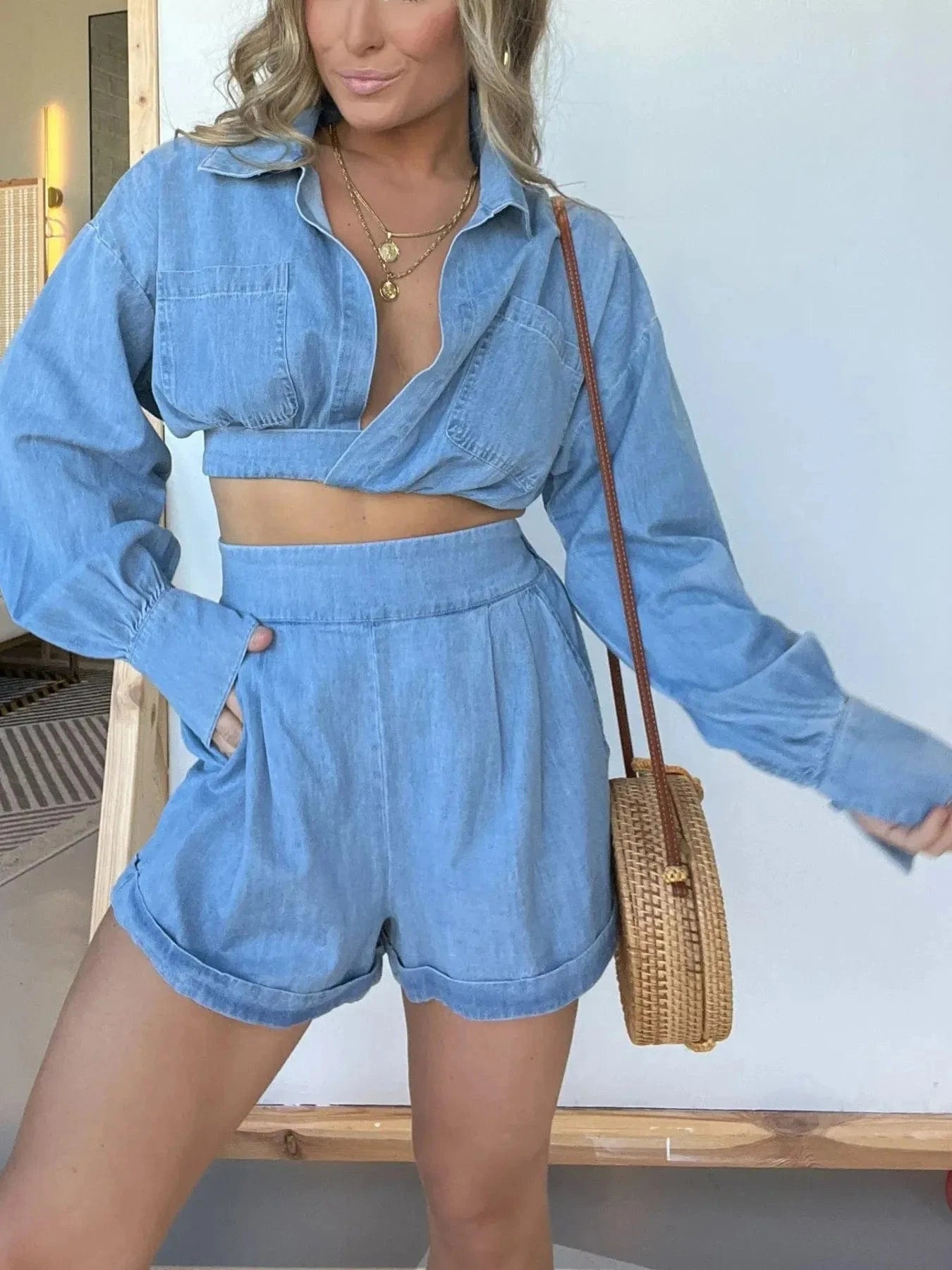 Full Size Long Sleeve Top and Shorts Denim Set Plus Size - ShalayeFashion
