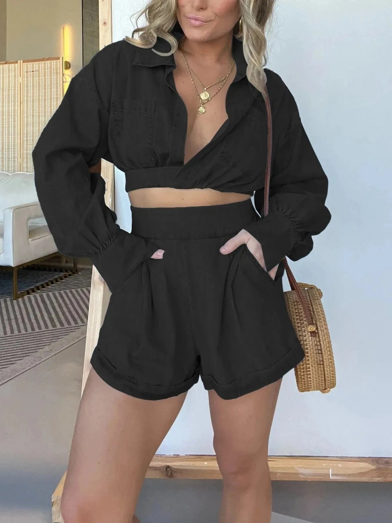 Full Size Long Sleeve Top and Shorts Denim Set Plus Size - ShalayeFashion
