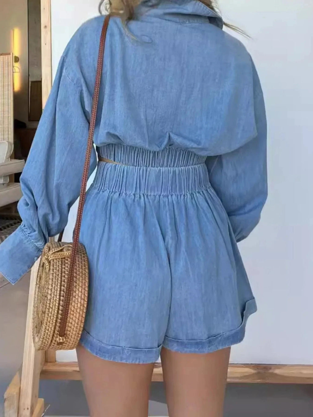 Full Size Long Sleeve Top and Shorts Denim Set Plus Size - ShalayeFashion