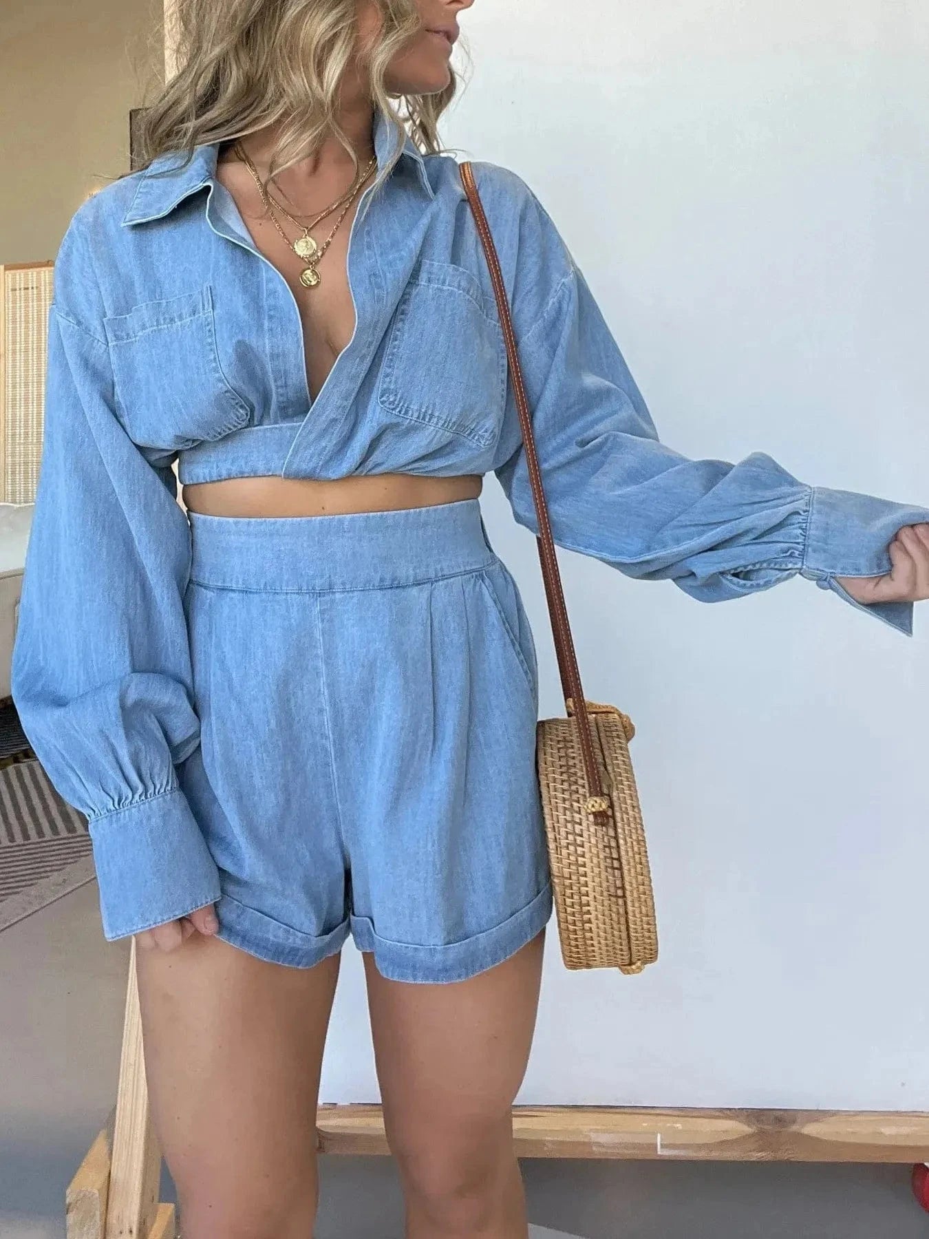 Full Size Long Sleeve Top and Shorts Denim Set Plus Size - ShalayeFashion