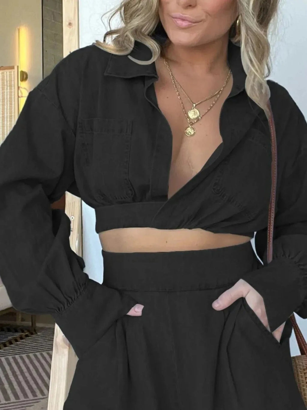 Full Size Long Sleeve Top and Shorts Denim Set Plus Size - ShalayeFashion