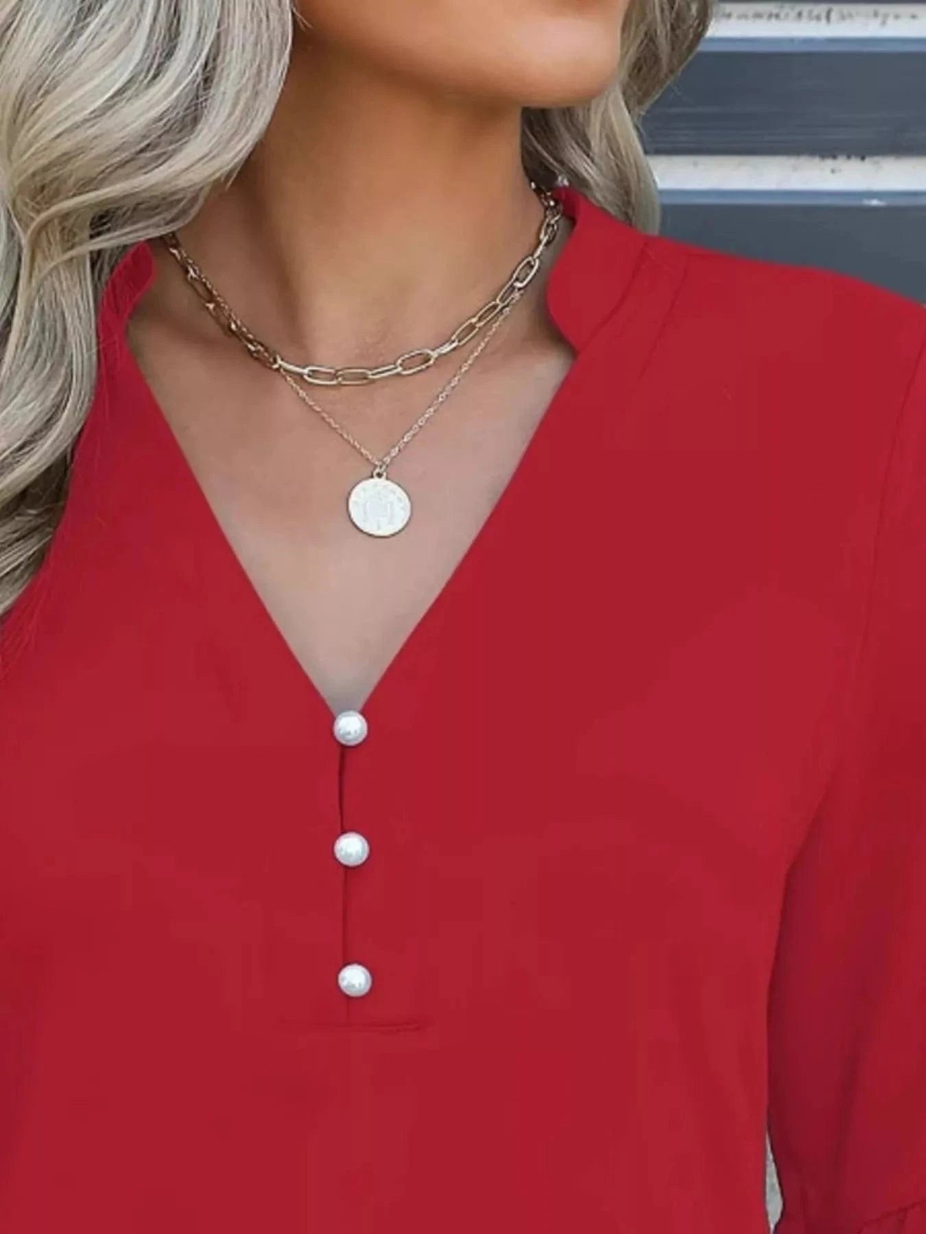 Full Size Notched Flounce Sleeve Blouse Plus Size - ShalayeFashion