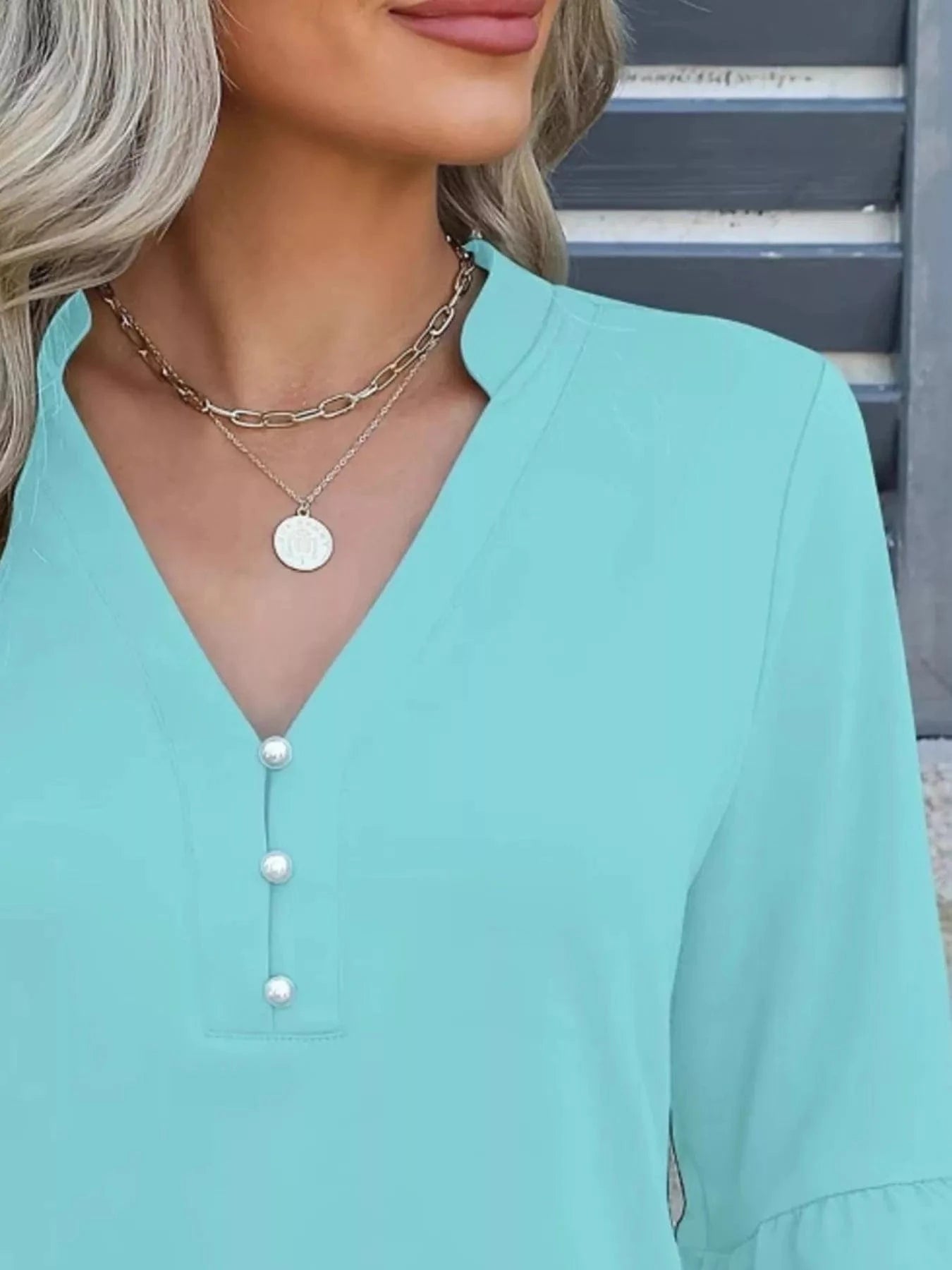 Full Size Notched Flounce Sleeve Blouse Plus Size - ShalayeFashion