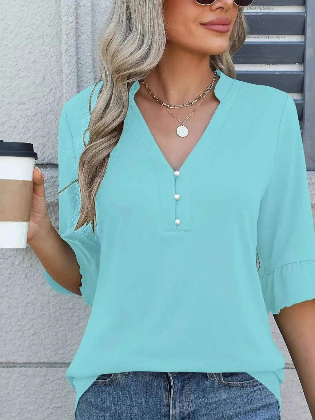 Full Size Notched Flounce Sleeve Blouse Plus Size - ShalayeFashion