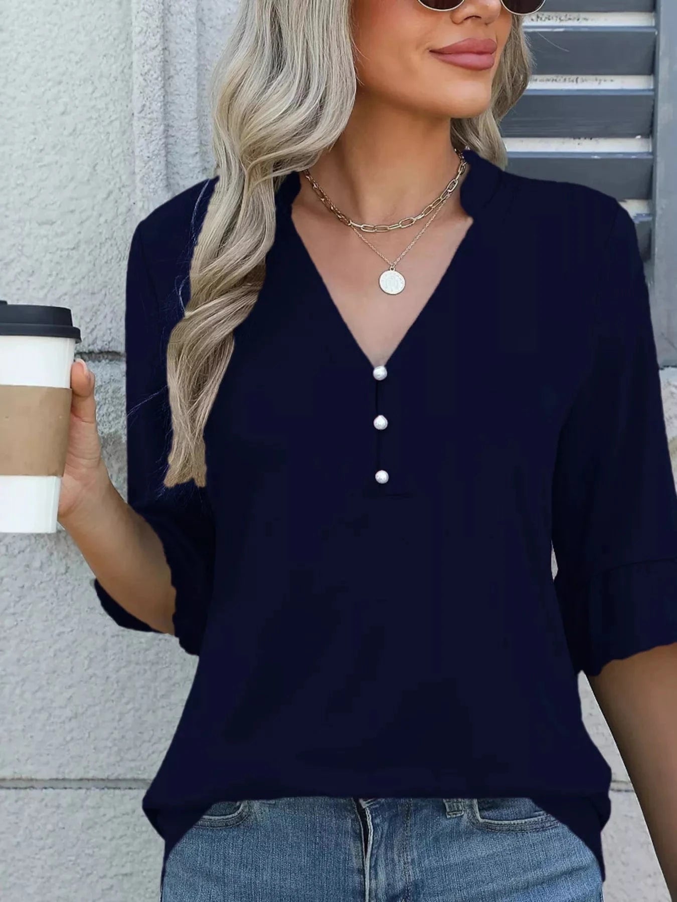 Full Size Notched Flounce Sleeve Blouse Plus Size - ShalayeFashion