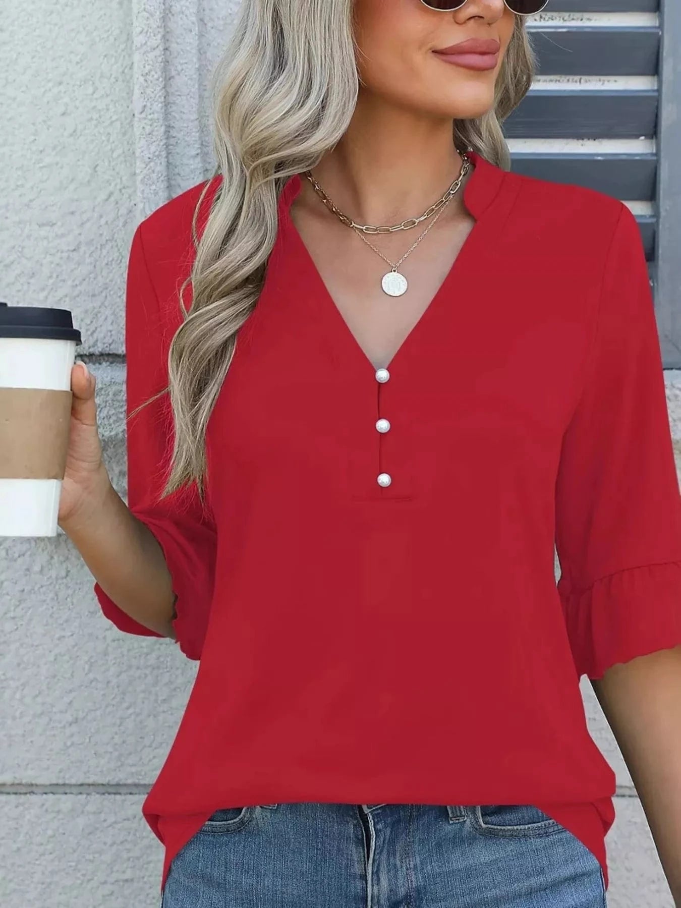 Full Size Notched Flounce Sleeve Blouse Plus Size - ShalayeFashion