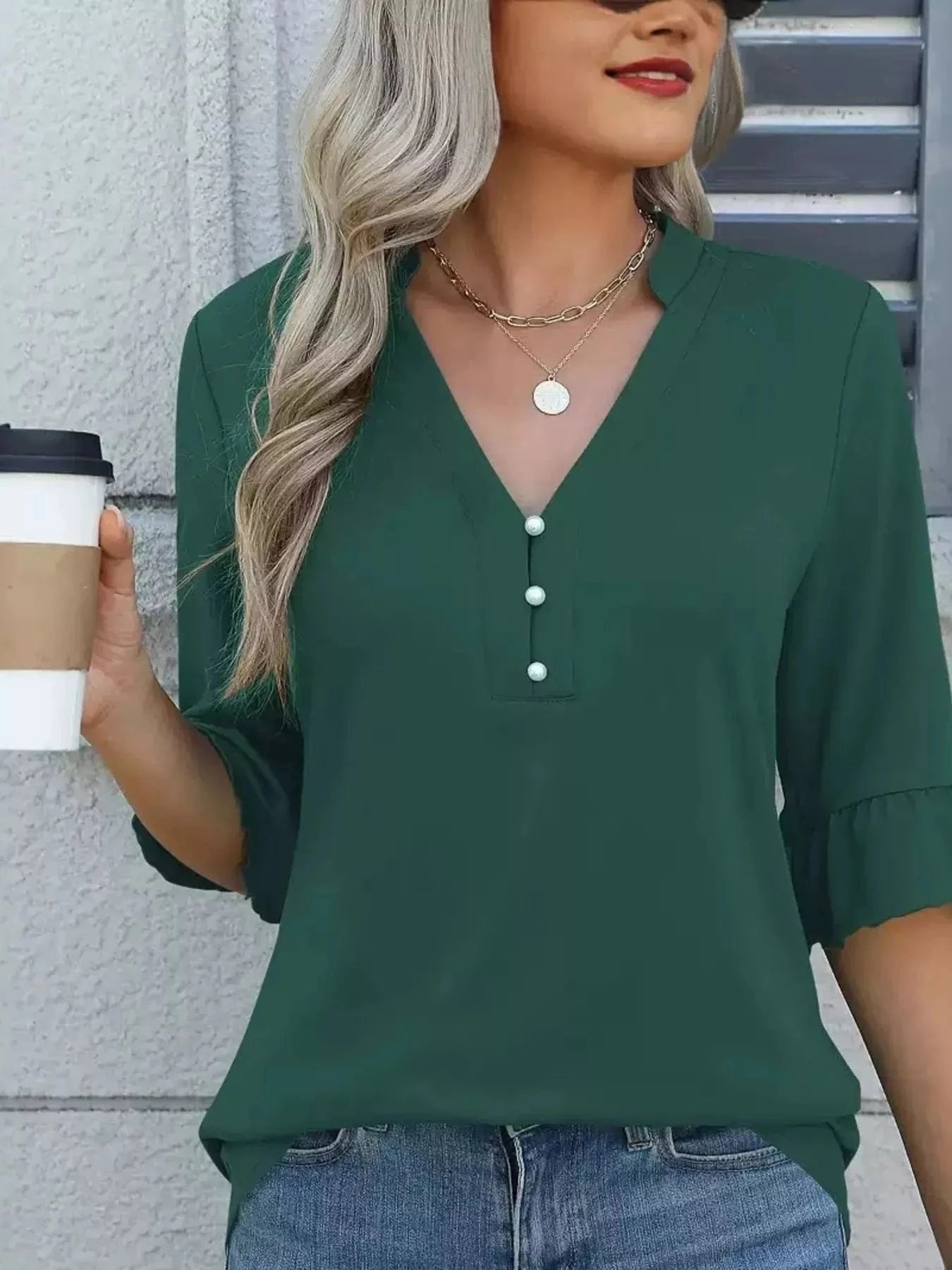 Full Size Notched Flounce Sleeve Blouse Plus Size - ShalayeFashion