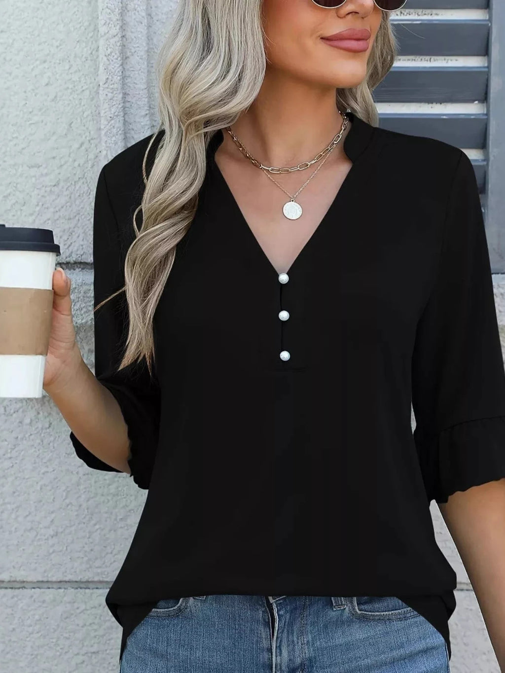 Full Size Notched Flounce Sleeve Blouse Plus Size - ShalayeFashion